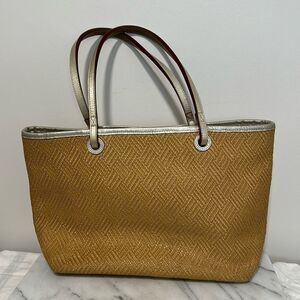 MZ WALLACE raffia Tote Bag metallic leather trim large